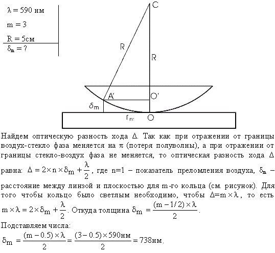 Установка для наблюдения колец Ньютона освещается нормально падающим монохроматическим светом λ=590 нм . Радиус кривизны R линзы равен 5 см
