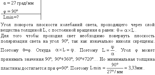 Кварцевую пластинку поместили между скрещенными николями. При какой наименьшей толщине dmin кварцевой пластины поле зрения между николями будет