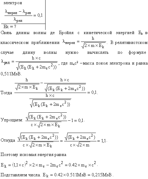 При каких значениях кинетической энергии T электрона ошибка в определении дебройлевской длины волны λ по нерелятивистской формуле не превышает