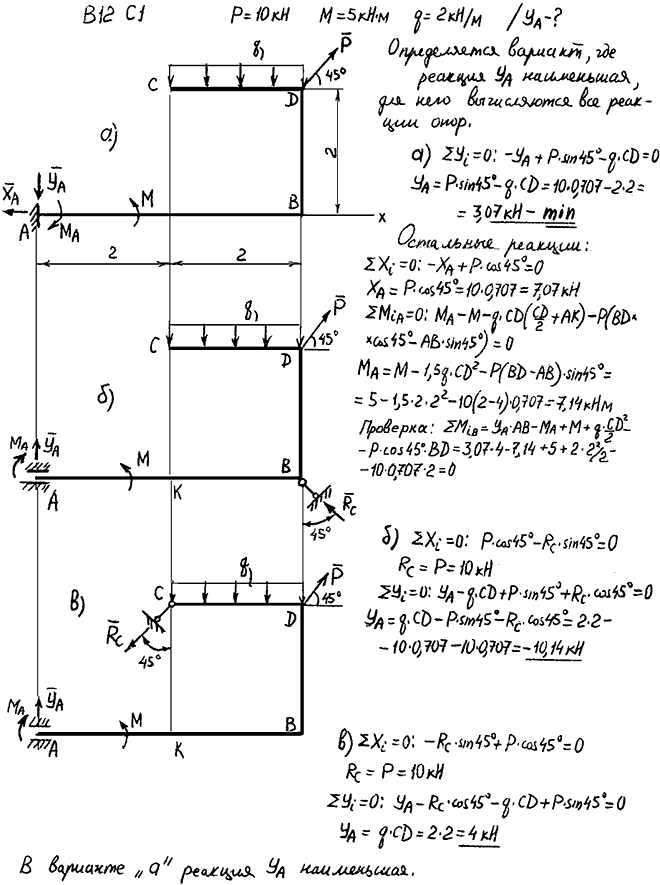 Задание C1 вариант 12. P=10 кН, M=5 кН*м, q=2 кН/м, исследуемая реакция YA.