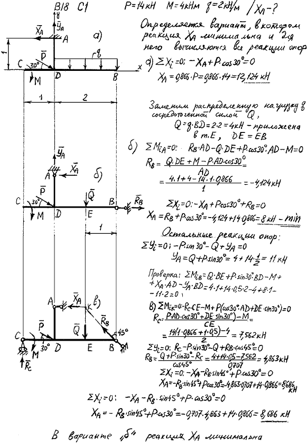 Задание C1 вариант 18. P=14 кН, M=4 кН*м, q=2 кН/м, исследуемая реакция XA.