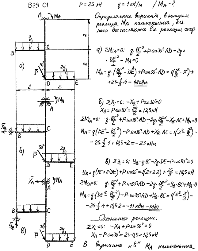 Задание C1 вариант 29. P=25 кН, q=1 кН/м, исследуемая реакция MA.