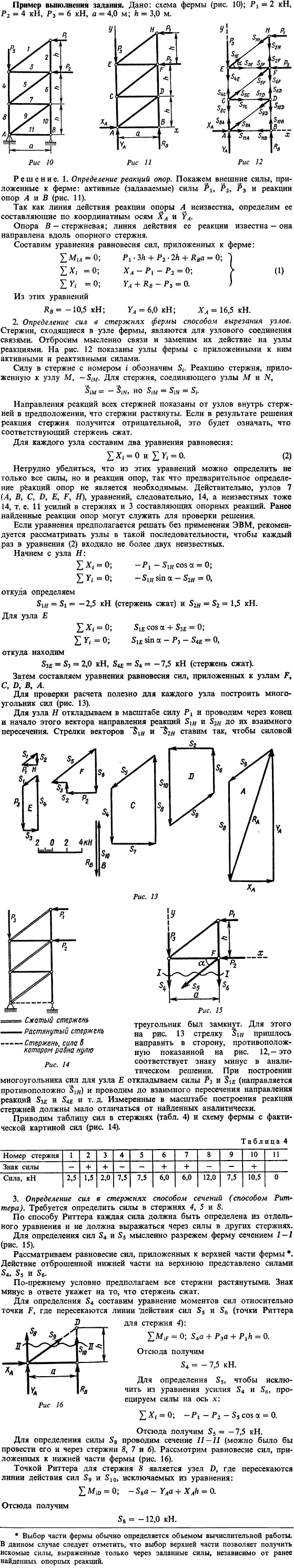 С2-Пример 1. Дана схема фермы рис. 10 ; P1=2 кН, P2=4 кН, P3=6 кН, a=4,0 м; h=3,0 м. Определить реакции опор фермы от заданной нагрузки; силы