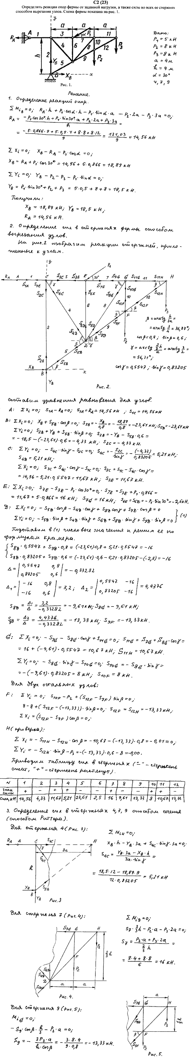 Задание C2 вариант 23. P1=5 кН, P2=8 кН, P3=8 кН, a=4 м, h=9 м, α=30 град, номер стержня 4, 7, 9.