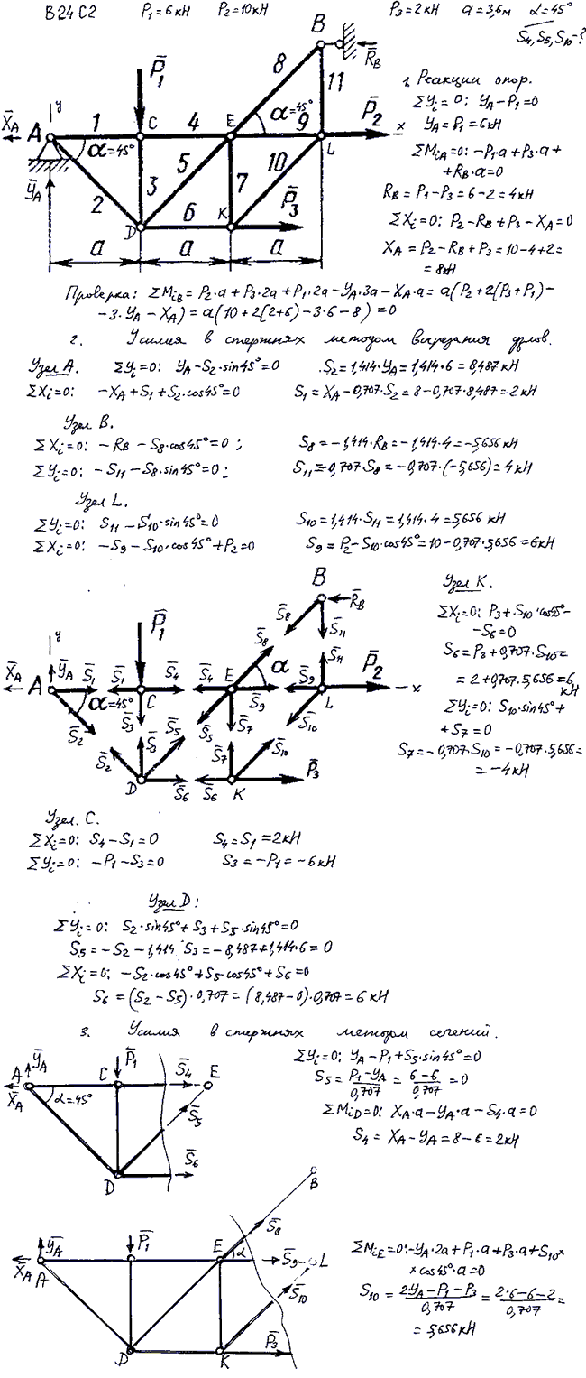 Задание C2 вариант 24. P1=6 кН, P2=10 кН, P3=2 кН, a=3,6 м, α=45 град, номер стержня 4, 5, 10.