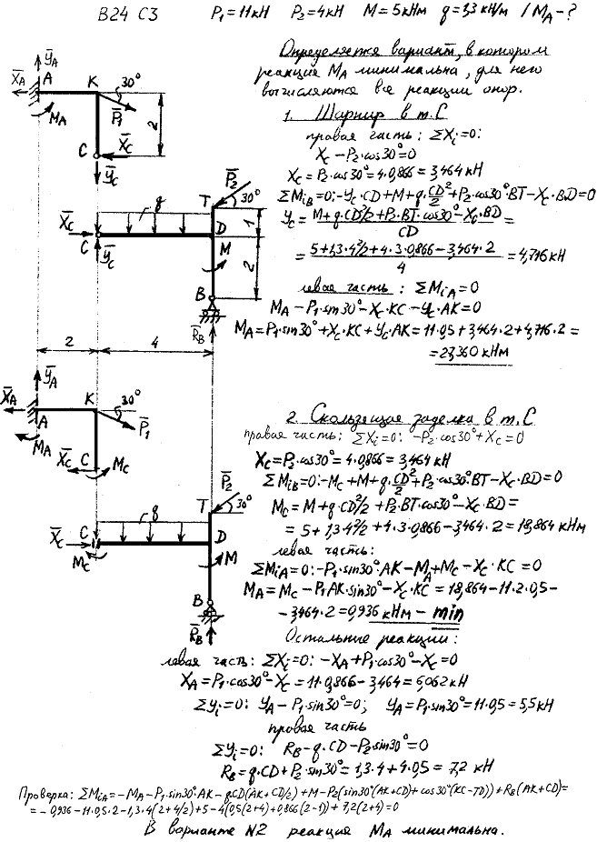 Задание C3 вариант 24. P1=11 кН; P2=4 кН; M=5 кН*м; q=1,3 кН/м; исследуемая реакция MA; вид скользящей заделки