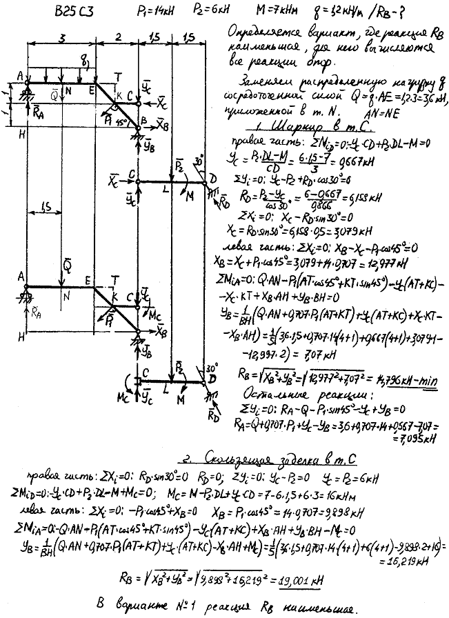Задание C3 вариант 25. P1=14 кН; P2=6 кН; M=7 кН*м; q=1,2 кН/м; исследуемая реакция RB; вид скользящей заделки