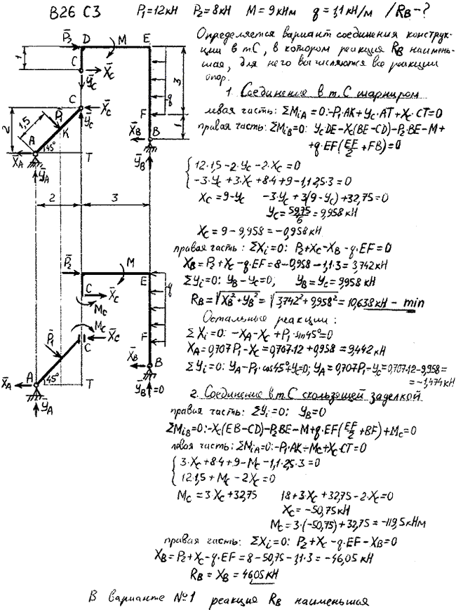 Задание C3 вариант 26. P1=12 кН; P2=8 кН; M=9 кН*м; q=1,1 кН/м; исследуемая реакция RB; вид скользящей заделки