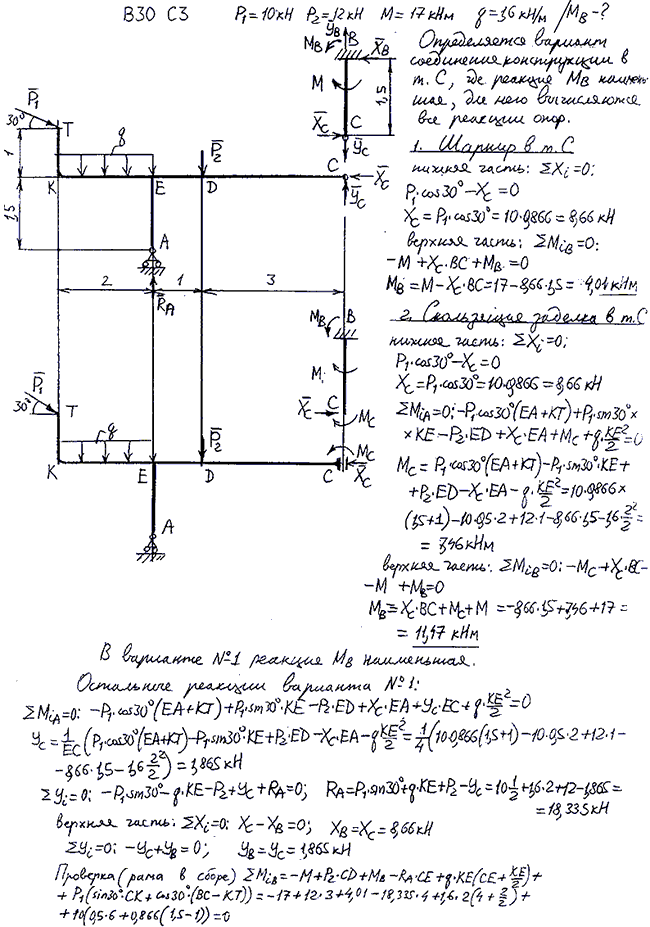 Задание C3 вариант 30. P1=10 кН; P2=12 кН; M=17 кН*м; q=1,6 кН/м; исследуемая реакция MB; вид скользящей заделки