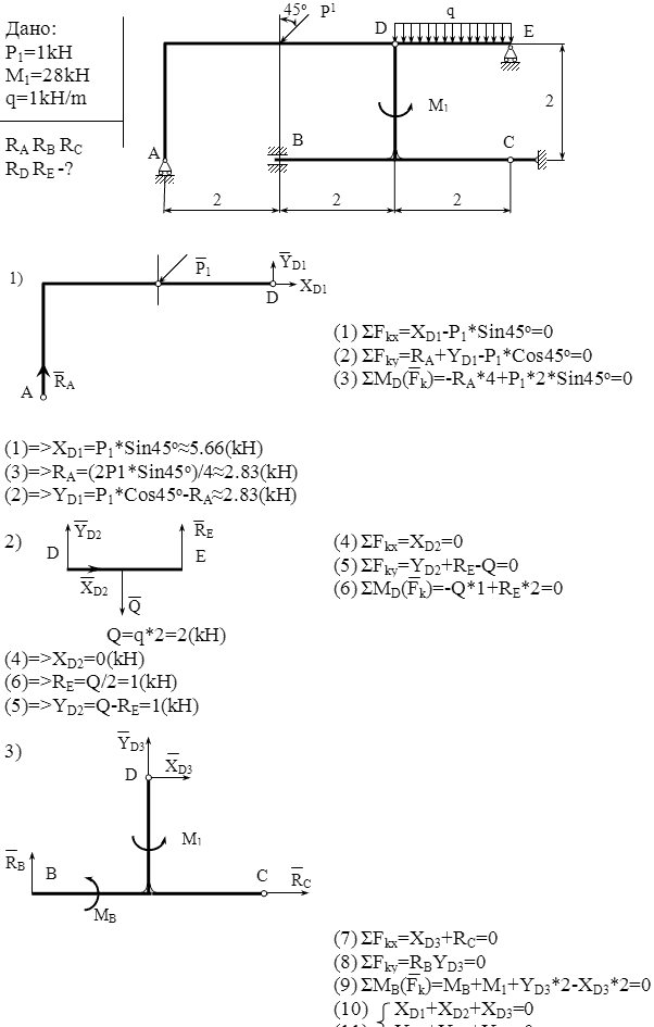 Задание C4 вариант 11. P1=8 кН; M1=28 кН*м; q=1 кН/м. Составные части соединены с помощью шарниров.