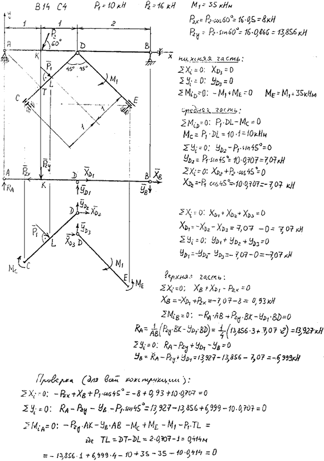 Задание C4 вариант 14. P1=10 кН; P2=16 кН; M1=35 кН*м. Составные части соединены с помощью шарниров.