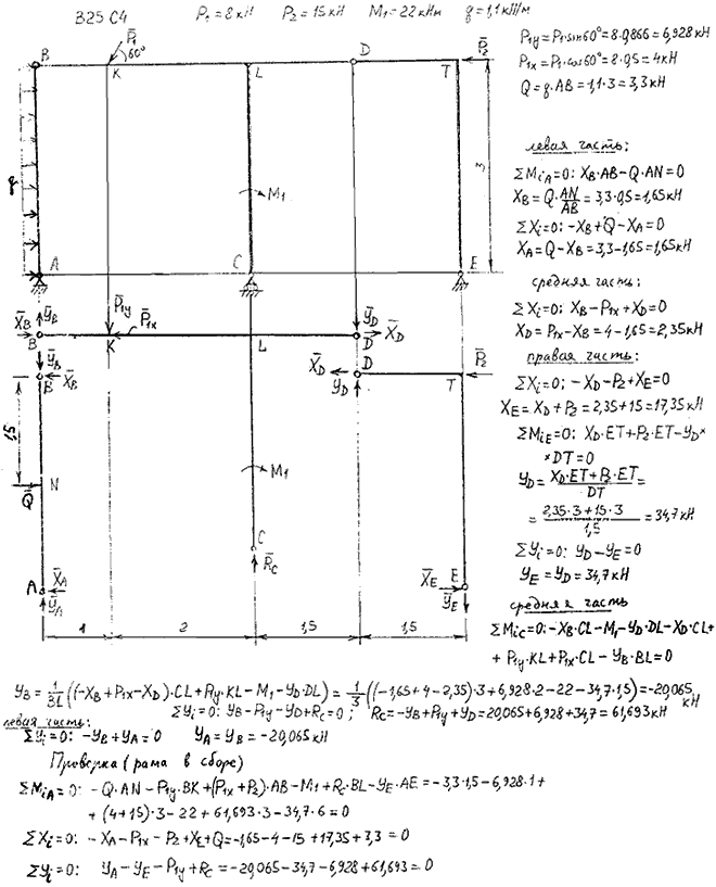 Задание C4 вариант 25. P1=8 кН; P2=15 кН; M1=22 кН*м; q=1,1 кН/м. Составные части соединены с помощью шарниров.