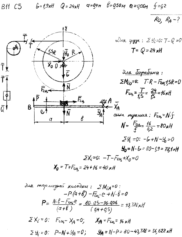 Задание С5 вариант 11. G=1,9 кН; Q=24 кН; a=0,4 м; b=0,5 м; c=0,06 м; коэффициент сцепления трения покоя 0,2; точки, в которых определяются реакции