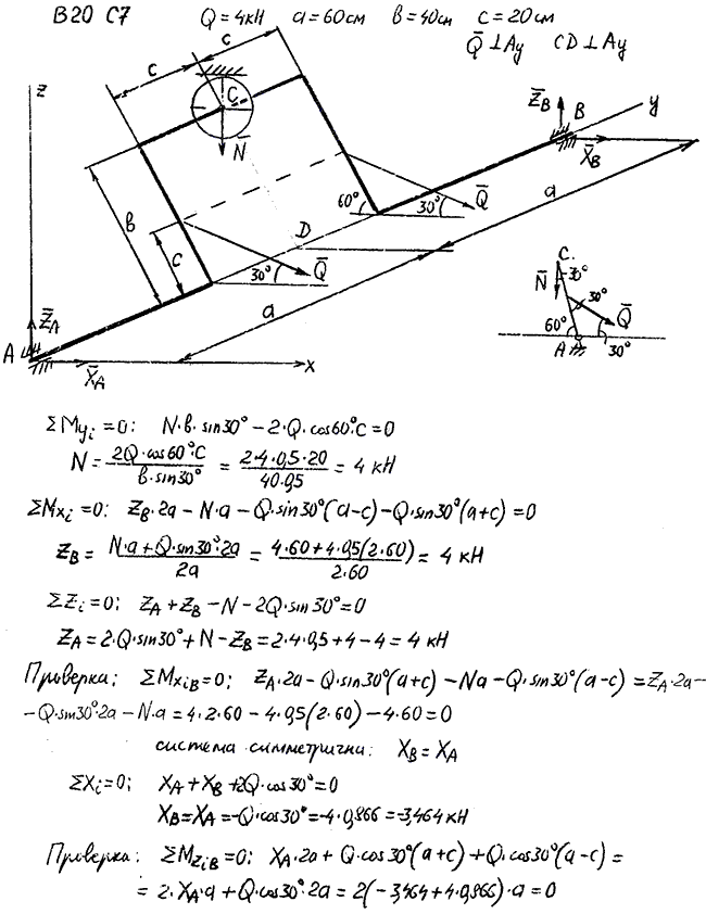 Задание С7 вариант 20. Силы: Q=4 кН, Размеры: a=60 см, b=40 см, c=20 см