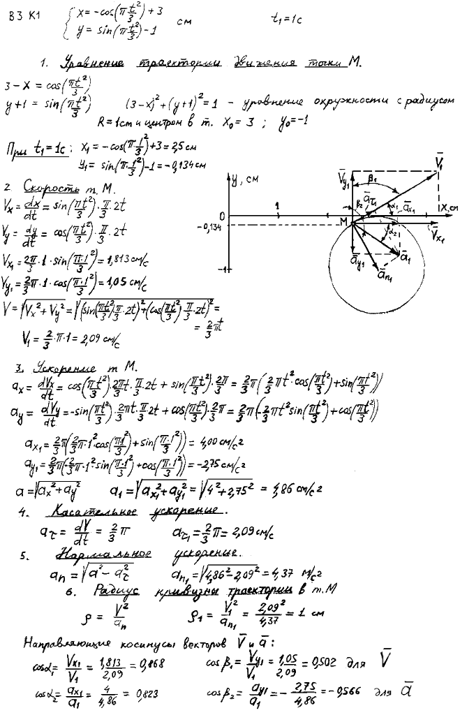 Задание К.1 вариант 3. x t)=-cos(πt^2/3)+3, y(t)=sin(πt2/3 -1, t1=1 с