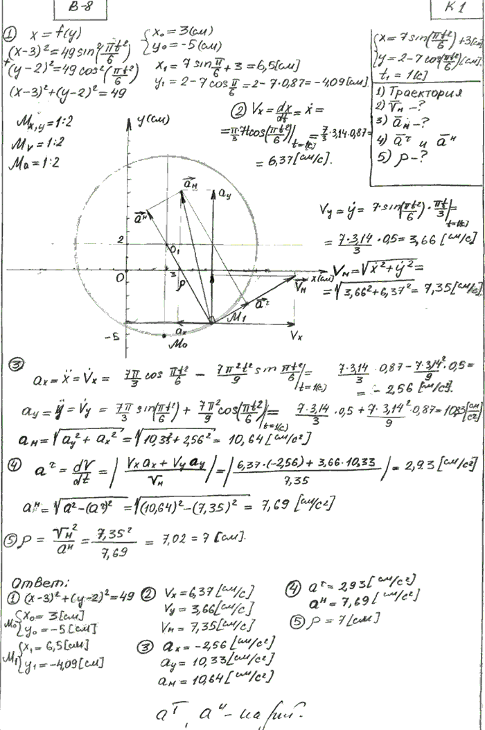 Задание К.1 вариант 8. x t)=7sin(πt^2/6) + 3, y(t)=2-7cos(πt2/6, t1=1 с