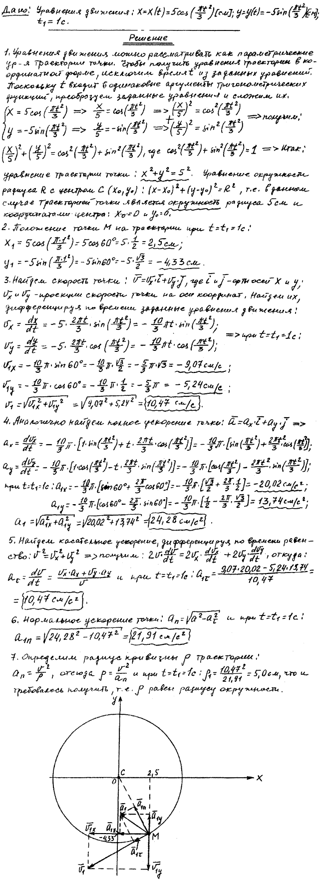 Задание К.1 вариант 13. x t)=5cos(πt^2/3), y(t)=-5sin(πt2/3, t1=1 с