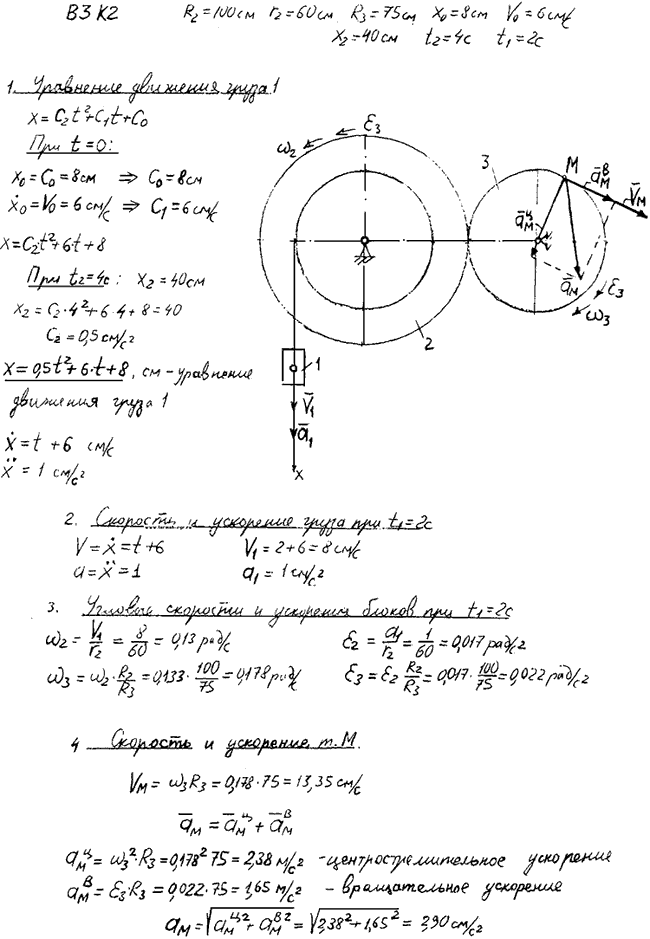 Задание К.2 вариант 3. R2=100 см, r2=60 см, R3==75 см, x0=8 см, v0=6 см/с, x2=40 см, t2=4 с, t1=2 с