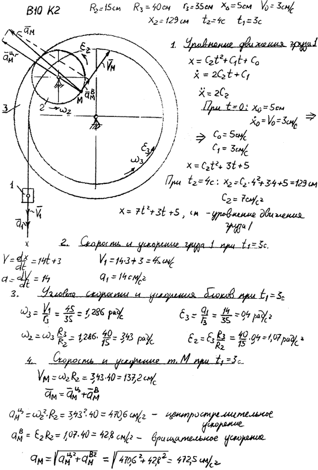 Задание К.2 вариант 10. R2=15 см, R3==40 см, r3=35 см, x0=5 см, v0=3 см/с, x2=129 см, t2=4 с, t1=3 с