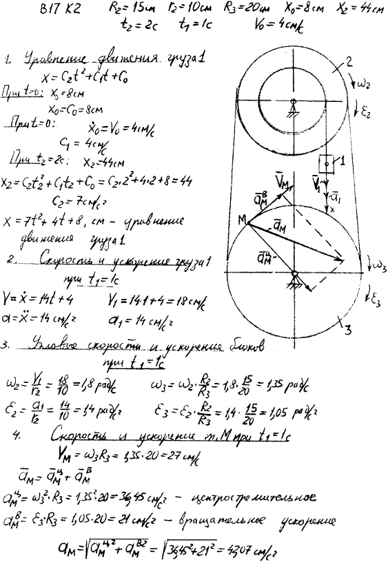 Задание К.2 вариант 17. R2=15 см, r2=10 см, R3==20 см, x0=8 см, v0=4 см/с, x2=44 см, t2=2 с, t1=1 с