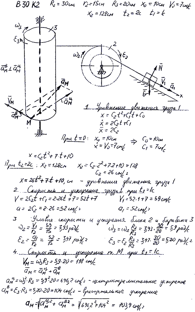 Задание К.2 вариант 30. R2=30 см, r2=15 см, R3==20 см, x0=10 см, v0=7 см/с, x2=128 см, t2=2 с, t1=1 с