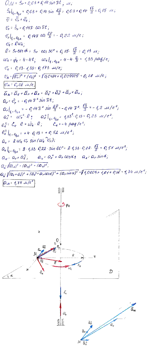 Задание К.7 вариант 14. OM=3 + 14sin πt; φe t =4t-2t^2; t1=2/3 c; α=30 град;
