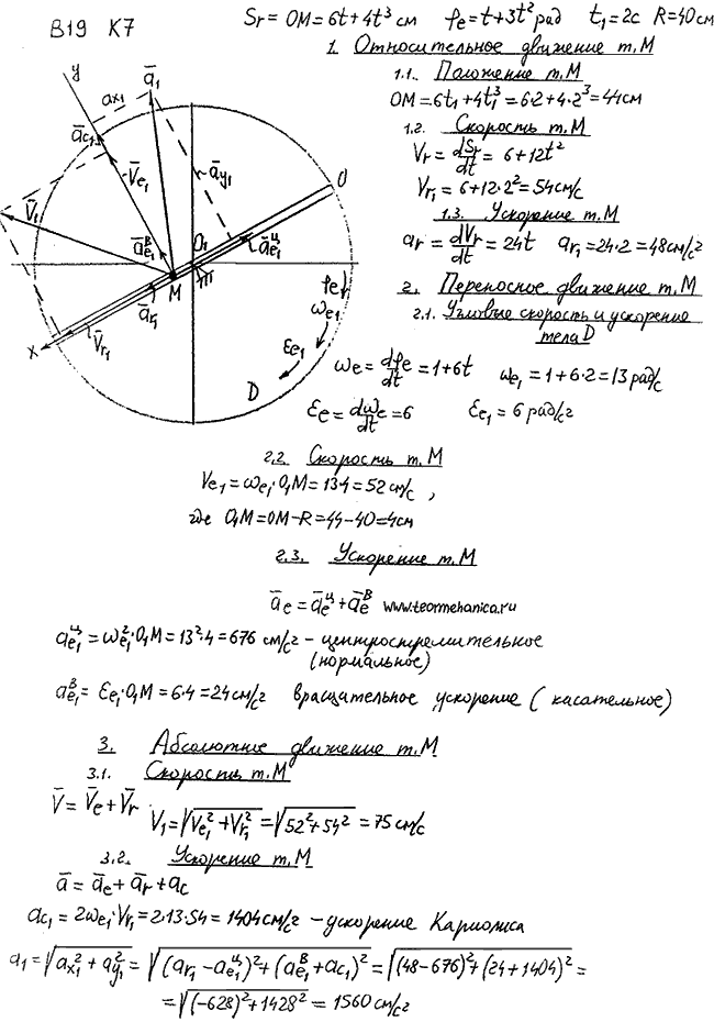 Задание К.7 вариант 19. OM=6t + 4t^3; φe t =t+3t2; t1=2 c; R=40 см;