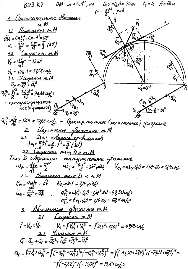 Задание К.7 вариант 23. OM=6πt^2; t1=1 c; R=18 см; φ=πt3/6; O1O=O2A=20 см