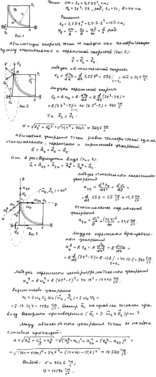 Задание К.7 вариант 28. OM=2,5 πt^2; φe t =2t3-5t; t1=2 c; R=40 см;