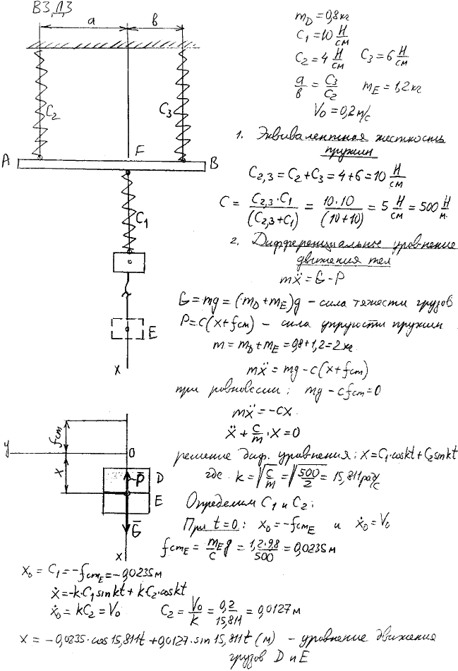 Задание Д.3 вариант 3. Груз D mD=0,8 кг) висит на пружине, прикрепленной к точке F бруска AB и имеющей коэффициент жесткости c1=10 Н/см. Брусок
