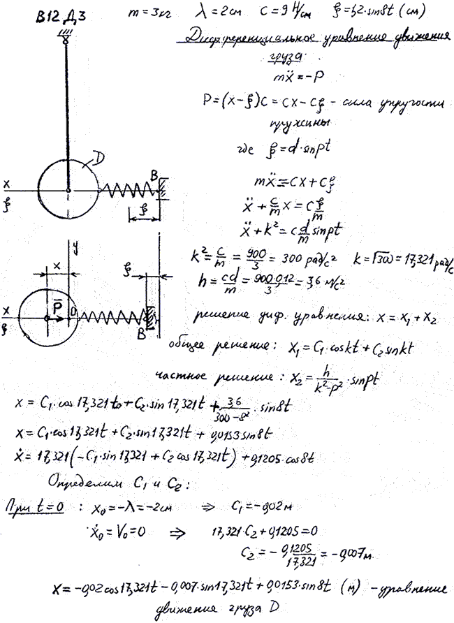 Задание Д.3 вариант 12. В некоторый момент времени груз D m=3 кг), удерживаемый в положении, при котором пружина сжата на величину λ=2 см, отпускают