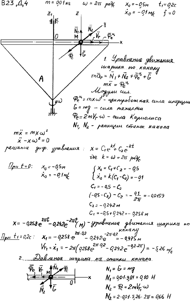 Задание Д.4 вариант 23. m=0,01 кг; ω=2π рад/с; x0=-0,5 м; x0\'=-0,1 м/с; t1=0,2 с; f=0