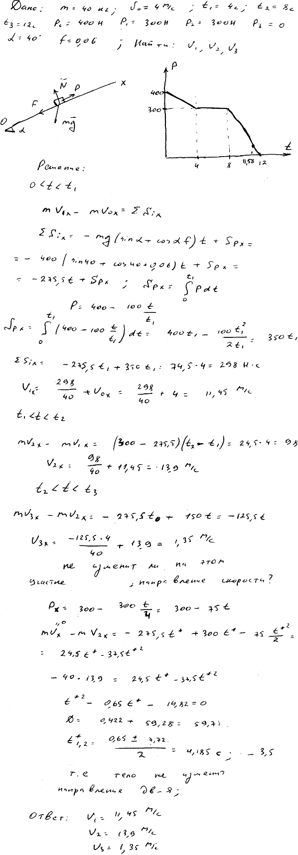 Задание Д.5 вариант 6. m=40 кг; v0=4,0 м/с; t1=4 с; t2=8 с; t3=12 с; P0=400 Н; P1=300 Н; P2=300 Н; P3=0 Н; α=40 град; f=0,06