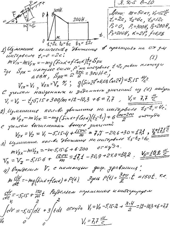 Задание Д.5 вариант 10. m=50 кг; v0=12,0 м/с; t1=2 с; t2=6 с; t3=12 с; P0=0 Н; P1=300 Н; P2=200 Н; P3=200 Н; α=27 град; f=0,08