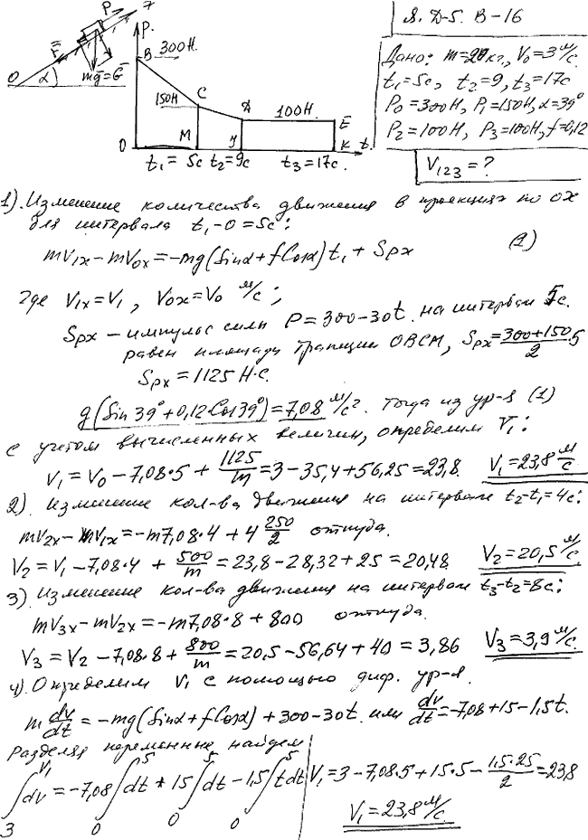 Задание Д.5 вариант 16. m=20 кг; v0=3,0 м/с; t1=5 с; t2=9 с; t3=17 с; P0=300 Н; P1=150 Н; P2=100 Н; P3=100 Н; α=39 град; f=0,12