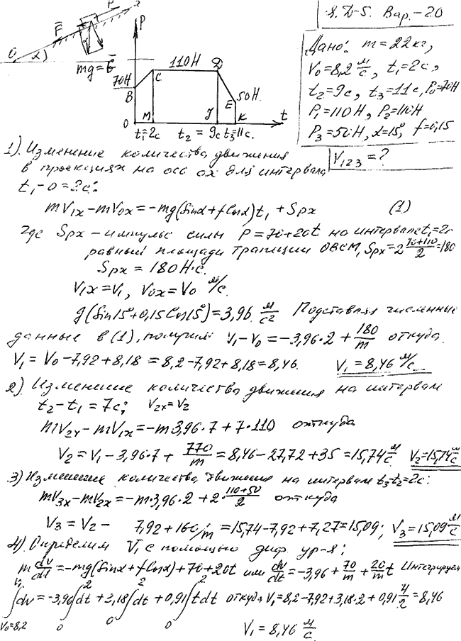 Задание Д.5 вариант 20. m=22 кг; v0=8,2 м/с; t1=2 с; t2=9 с; t3=11 с; P0=70 Н; P1=110 Н; P2=110 Н; P3=50 Н; α=15 град; f=0,15