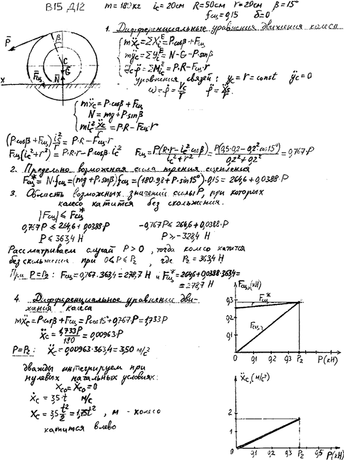 Задание Д.12 вариант 15. m=180 кг; iC=20 см; R=50 см; r=20 см; β=15 град; fсц=0,15; δ=0 см