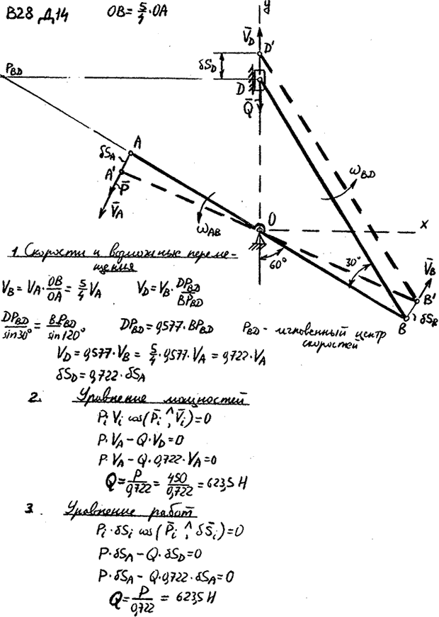 Задание Д.14 вариант 28. OB=5/4 OA P=450 Н, подлежит определению: Q;