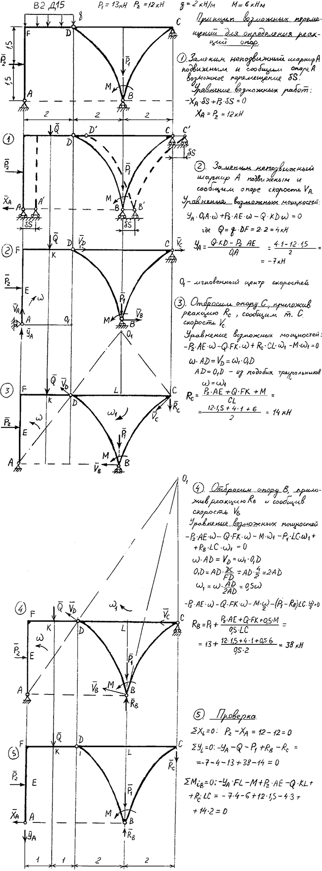 Задание Д.15 вариант 2. P1=13 кН, P2=12 кН, q=2 кН/м, M=6 кН*м