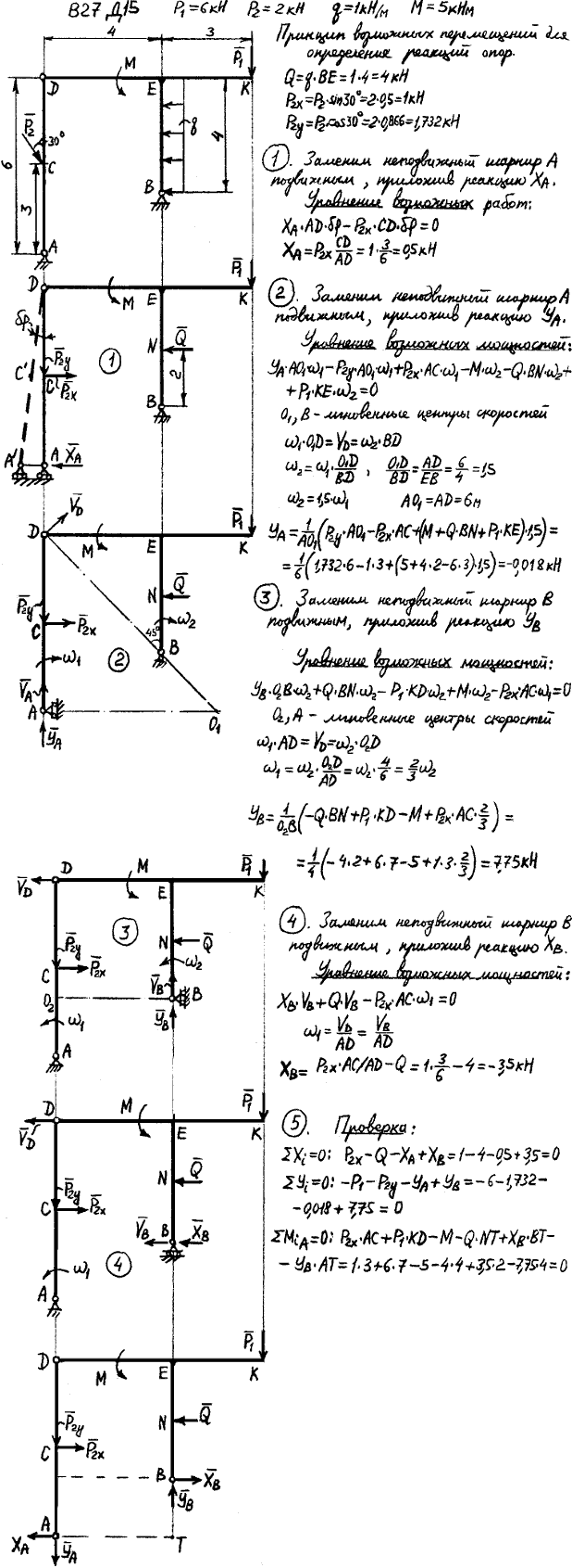 Задание Д.15 вариант 27. P1=6 кН, P2=2 кН, q=1 кН/м, M=5 кН*м