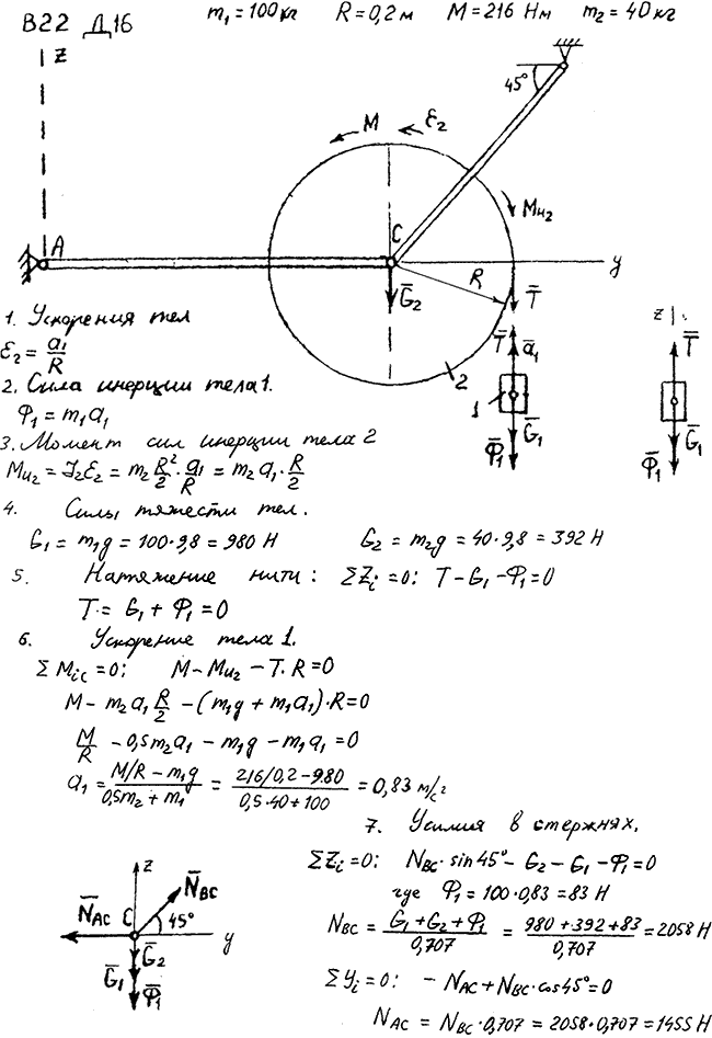 Задание Д.16 вариант 22. m1=100 кг; m2=40 кг; R=0,20 м; M=216 Н*м;