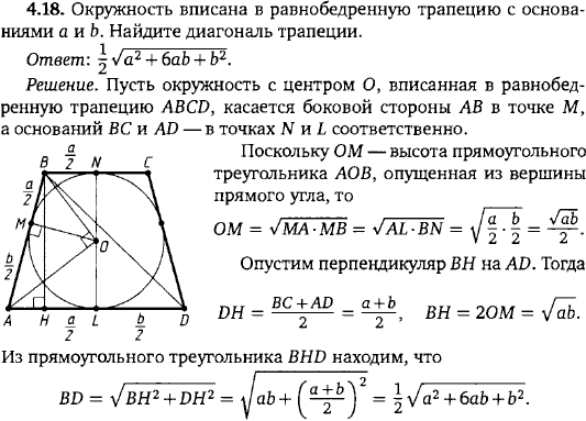 Окружность вписана в равнобедренную трапецию с основаниями a и b. Найдите диагональ трапеции.