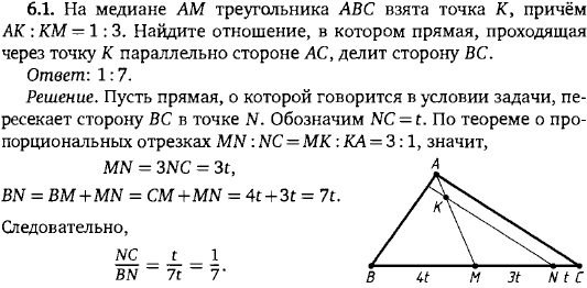 На медиане AM треугольника ABC взята точка K, причём AK:KM=1:3. Найдите отношение, в котором прямая, проходящая через точку K параллельно стороне