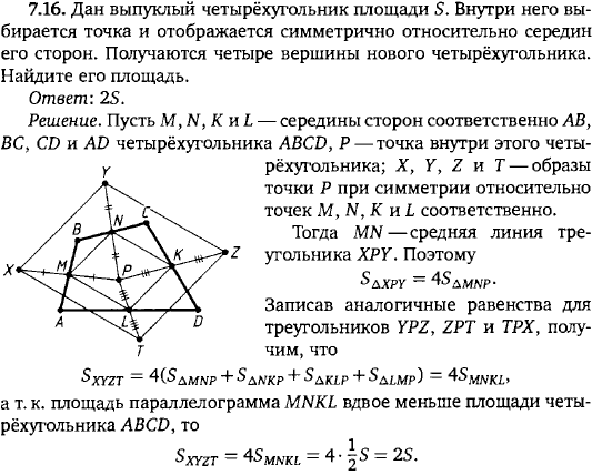 Дан выпуклый четырёхугольник площади S. Внутри него выбирается точка и отображается симметрично относительно середин его сторон. Получаются четыре