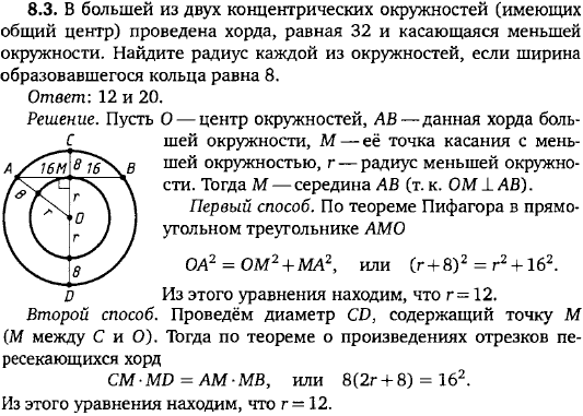 В большей из двух концентрических окружностей имеющих общий центр проведена хорда, равная 32 и касающаяся меньшей окружности. Найдите радиус