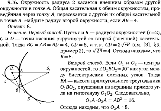 Окружность радиуса 2 касается внешним образом другой окружности в точке A. Общая касательная к обеим окружностям, проведённая через точку A