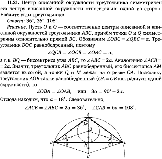 Центр описанной окружности треугольника симметричен его центру вписанной окружности относительно одной из сторон. Найдите углы треугольника