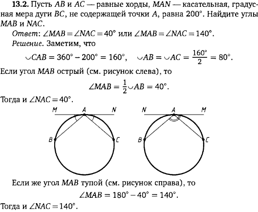 Пусть AB и AC-равные хорды, MAN-касательная, градусная мера дуги BC, не содержащей точки A, равна 200°. Найдите углы MAB и NAC.
