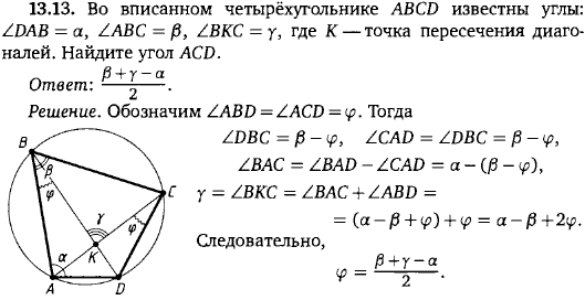 Во вписанном четырёхугольнике ABCD известны углы: ∠DAB=α, ∠ABC=β, ∠BKC=γ, где K-точка пересечения диагоналей. Найдите