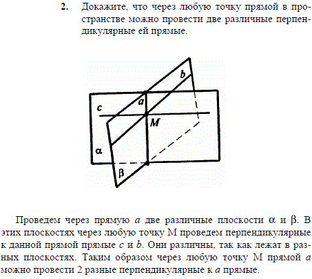 Докажите, что через любую точку прямой в пространстве можно провести две различные перпендикулярные ей прямые.